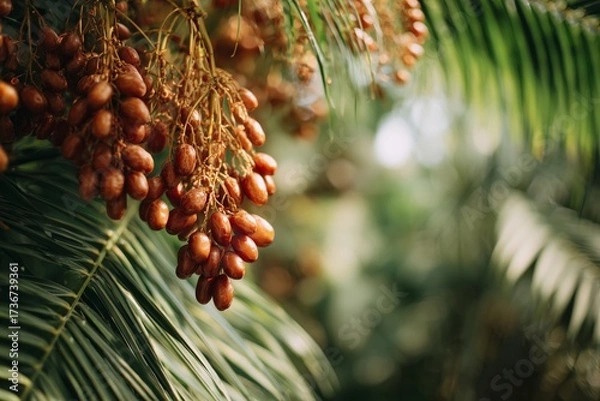 Fototapeta Ripe clusters of brown dates hang from a palm tree surrounded by green fronds. This image represents natural food, agriculture, and tropical harvest.