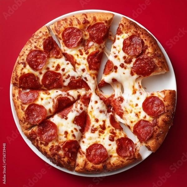 Fototapeta Hot pepperoni pizza with melted cheese is served on a white plate over a red background. The image is perfect for food advertising, menus, and restaurant promotions.