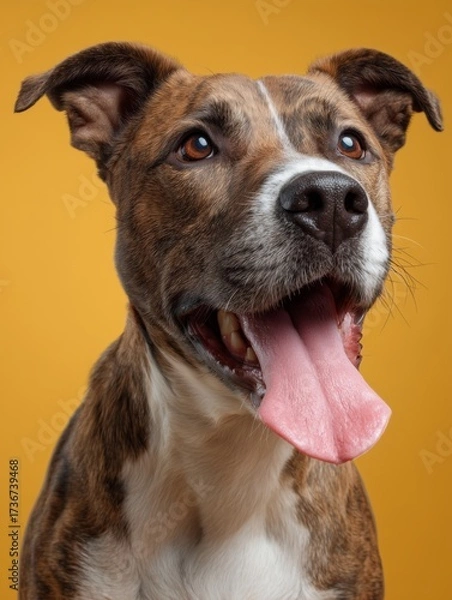 Fototapeta Close-up of a happy brown and white dog with its tongue out against a yellow background. The image conveys joy, playfulness, and the bond between pets and people.