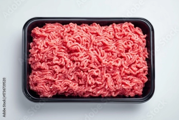 Fototapeta Fresh raw ground meat is neatly packed in a black plastic tray on a light background. The image is ideal for food markets, cooking, and recipe illustrations.
