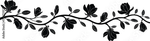 Fototapeta Black silhouette of a magnolia branch with flowers and buds on a white background floral border