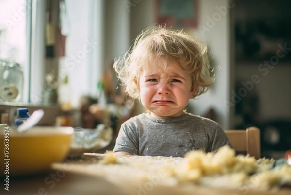 Fototapeta A toddler sits at a table crying with a sad expression surrounded by food. The image conveys childhood emotions, frustration, and expressions of sadness.