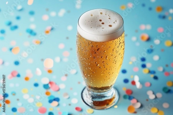 Fototapeta A tall glass of cold beer with foam and condensation stands against a festive background with confetti. The image symbolizes refreshment, celebration, and party atmosphere.