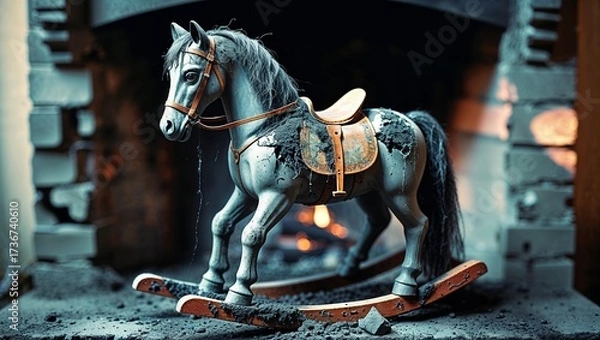Fototapeta Abandoned Rocking Horse in Fireplace with Damage and Grime, Forgotten Toy of Past Times