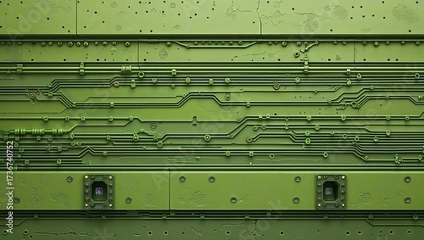 Fototapeta Olive green circuit board with detailed wiring, screws and plates for technology background