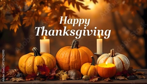 Fototapeta Pumpkins and candles placed on a table creating a festive autumn centerpiece for a seasonal Thanksgiving celebration