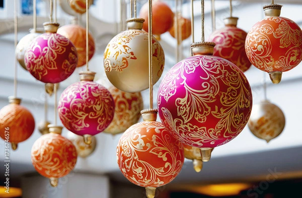 Fototapeta Decorative Hanging Christmas Ornaments Displayed in Rows.
