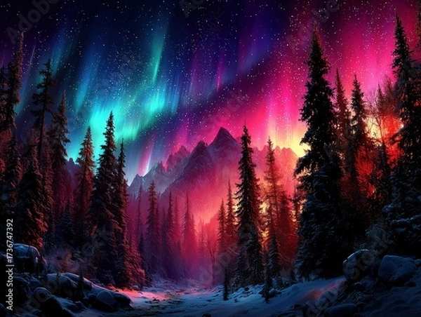 Fototapeta Vibrant aurora over a snow-covered forest landscape at dusk.