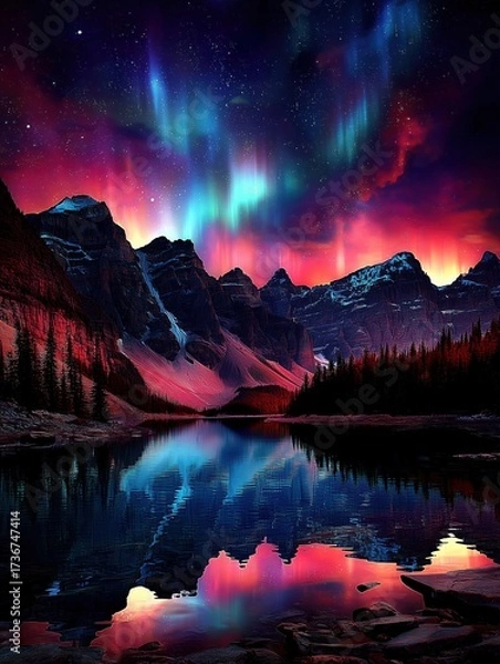Fototapeta Stunning aurora over mountains reflecting in serene water.