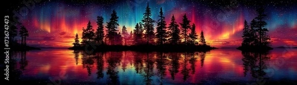 Fototapeta Stunning aurora over a serene lake with silhouetted trees.