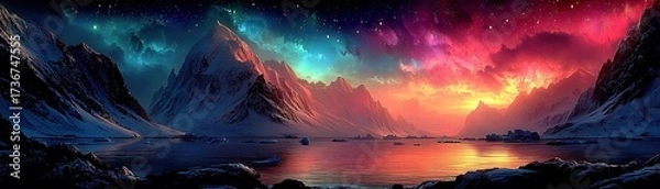 Fototapeta Vibrant cosmic landscape with mountains and colorful sky reflections.