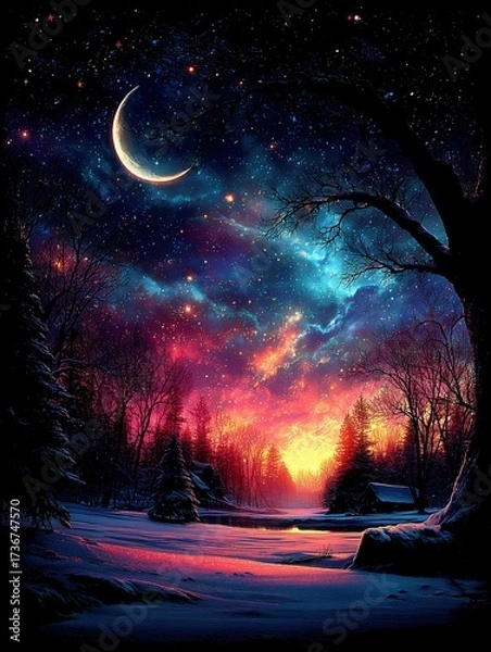 Fototapeta Stunning night sky with a colorful aurora and snow-covered landscape.