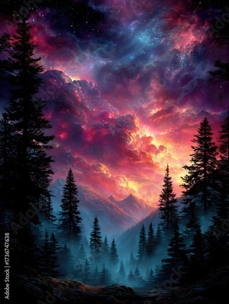 Fototapeta Vibrant cosmic landscape with trees silhouetted against a colorful sky.