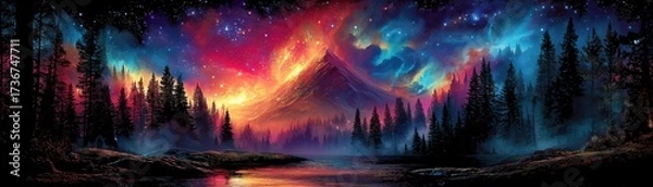 Fototapeta Vibrant mountain landscape with colorful sky and trees reflecting on water.