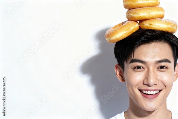 Fototapeta Smiling young man with stacked donuts on head posing playfully against white background with strong shadow and copy space