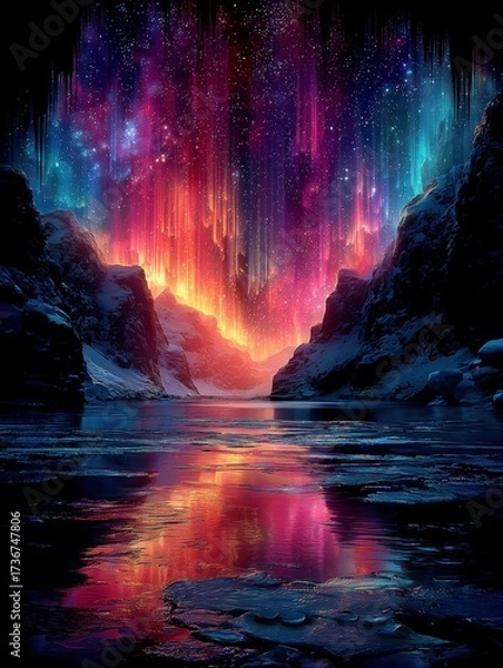 Fototapeta Vibrant landscape with colorful sky reflecting on water surface.