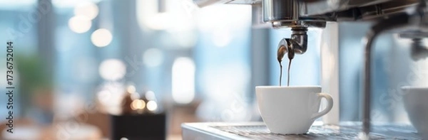 Fototapeta espresso machine pouring coffee into a white cup