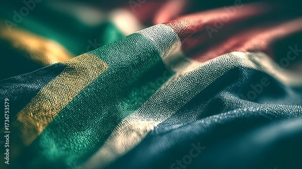 Fototapeta Waving South African flag close up with and intricate textures captured in natural