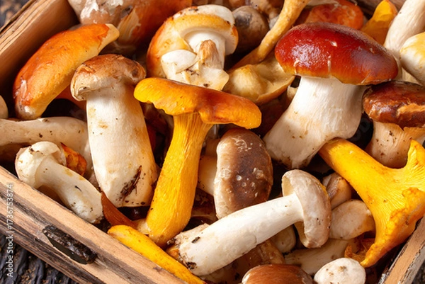 Obraz Assorted Raw Mushrooms in Rustic Basket Display