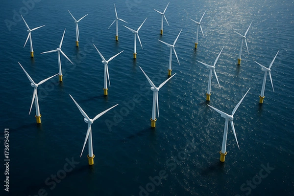 Fototapeta Renewable Energy Action in Offshore Turbine Farms, Coastal Environment, Aerial View, Eco-Tech Innovation