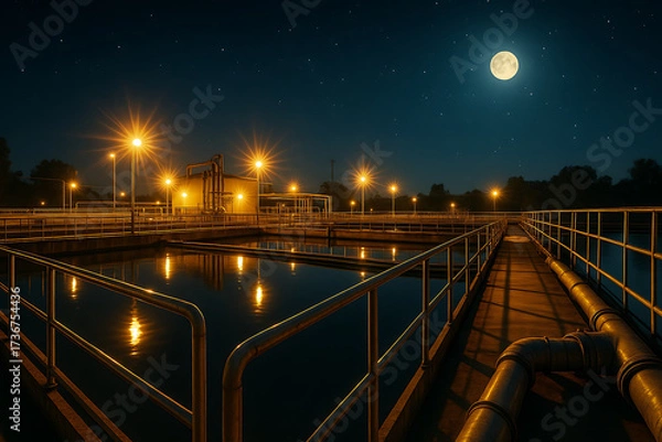 Fototapeta Moonlit View of Eco-Friendly Wastewater Facility at Night, Illuminated by Streetlights