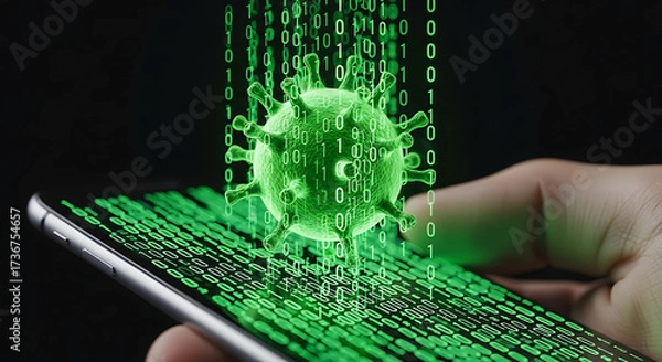 Fototapeta Virus Threat on Smartphone, Digital Landscape, Graphic Perspective, Data Protection Concept
