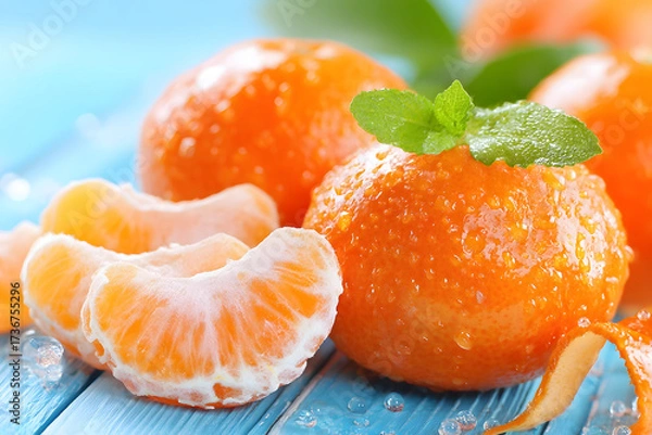 Fototapeta Partially Peeled Raw Tangerines with Juicy Pulp