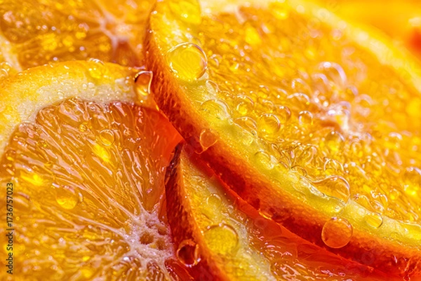 Fototapeta Close-up of refreshing orange slices covered in glistening water droplets.