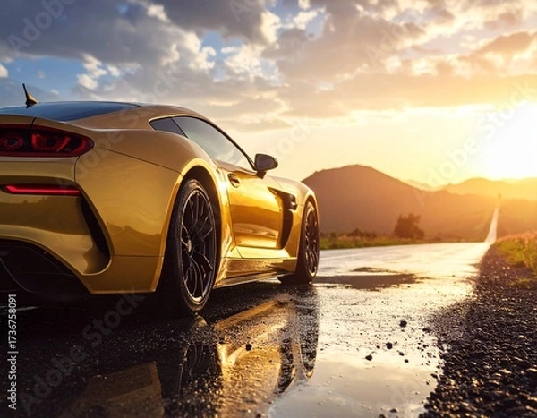 Fototapeta Dramatic scene featuring a sleek golden sports car on a wet road during sunset. The composition highlights luxury, speed, and modern design with cinematic lighting and a high-end automotive aesthetic