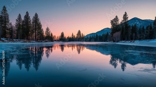 Fototapeta Frozen lake reflects pine trees and distant mountain scenery. AI generated.