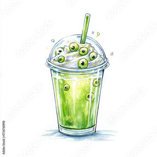Fototapeta Spooky Halloween blended green frapp with candy eyeballs in whimsical zombie-themed cup
