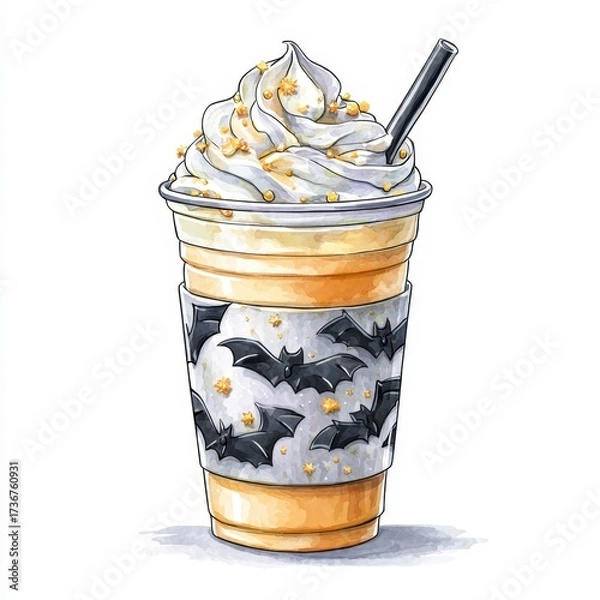 Fototapeta Spooky Halloween cold brew with whipped cream and bat sprinkles in whimsical to-go cup