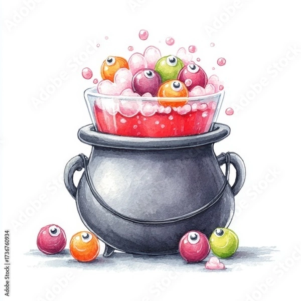 Fototapeta Spooky Halloween drink with bubbling red potion latte and candy eyeballs in a whimsical cauldron cup
