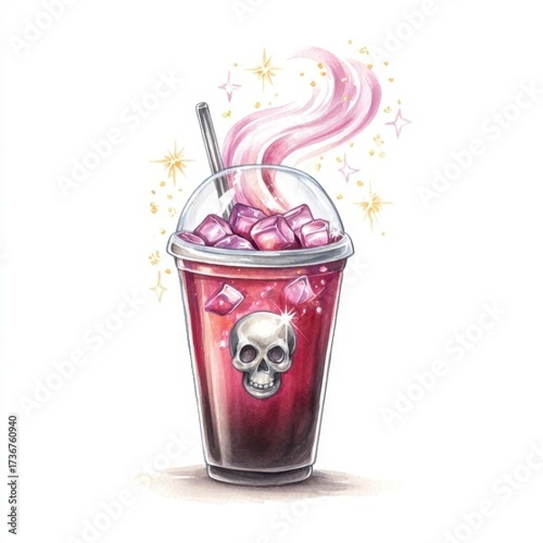 Fototapeta Spooky Halloween drink in a cursed skull cup with dark crimson potion and glitter swirls for festive fun