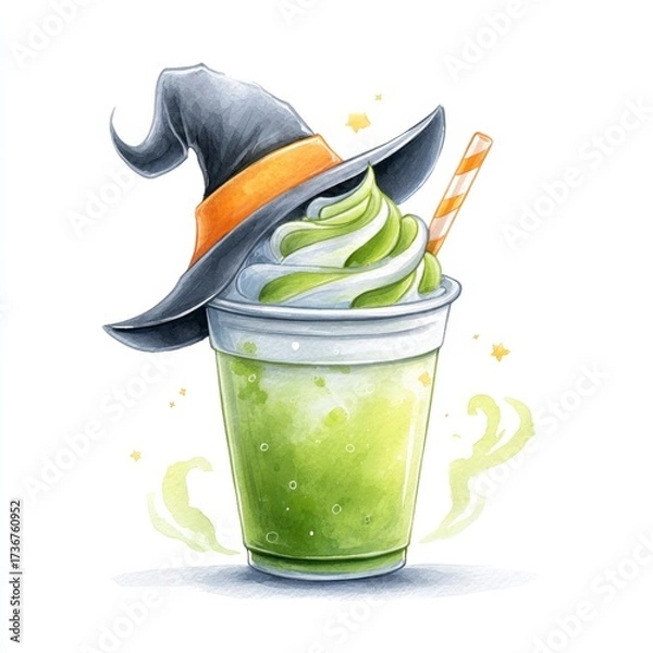 Fototapeta Spooky Halloween drink featuring a whimsical green matcha latte in a witch hat to-go cup
