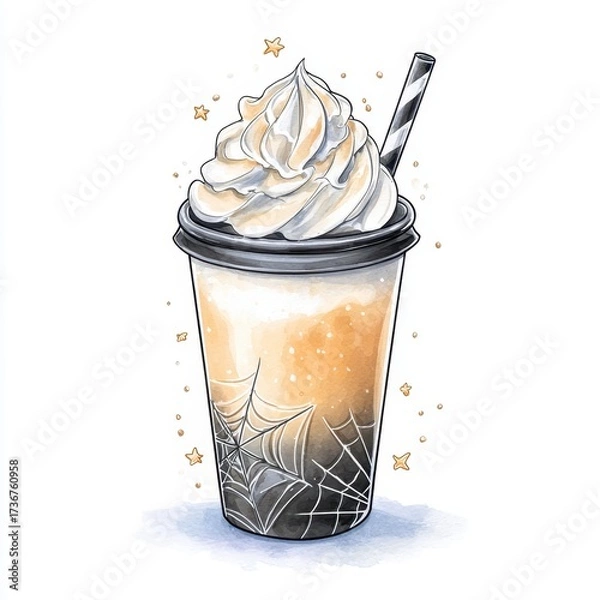 Fototapeta Spooky Halloween latte with spiderweb foam art in a whimsical to-go cup served on a solid white background