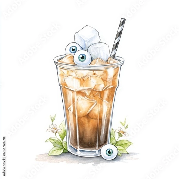 Fototapeta Spooky Halloween iced coffee with eyeball marshmallows in a creepy to-go cup