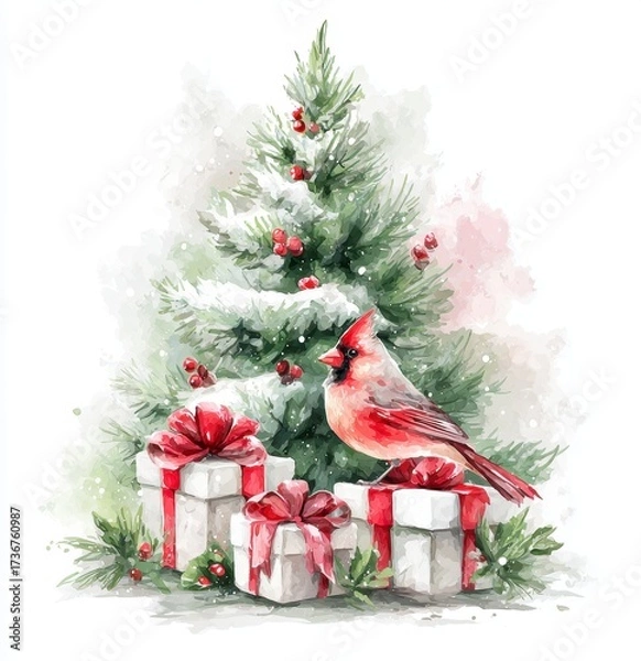 Fototapeta Holiday illustration featuring a festive Christmas tree, wrapped presents, and a red cardinal bird on a snowy white background