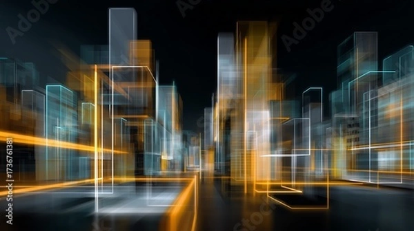 Fototapeta Futuristic cityscape with neon lines and abstract architecture glows. Digital painting cyberpunk style. AI generated.