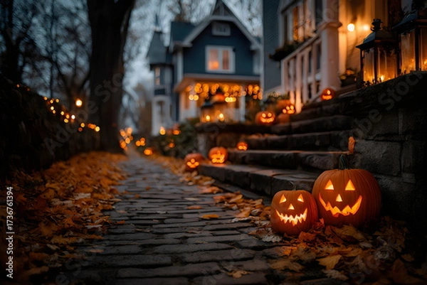 Fototapeta Charming fall evening with glowing jack-o'-lanterns on a tree-lined street during Halloween
