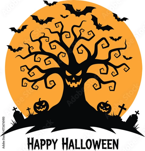 Fototapeta Spooky halloween night with full moon haunted tree bats pumpkins and tombstones
