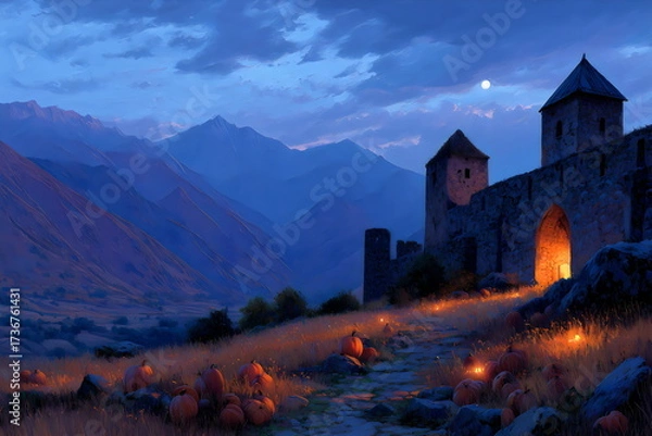 Fototapeta Majestic mountain scene at dusk with pumpkins near an ancient castle illuminated by soft lights
