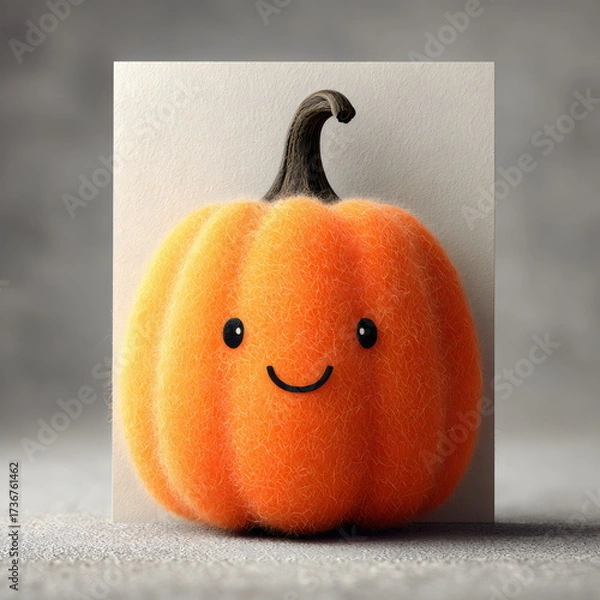 Fototapeta Cute felt pumpkin with a smile standing on a neutral background, perfect for autumn decorations and crafts