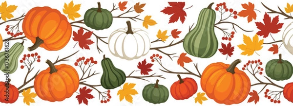 Fototapeta Festive autumn pumpkins and colorful leaves seamless border for thanksgiving designs