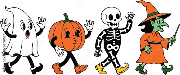Fototapeta Retro halloween cartoon characters walking together ghost pumpkin skeleton and witch