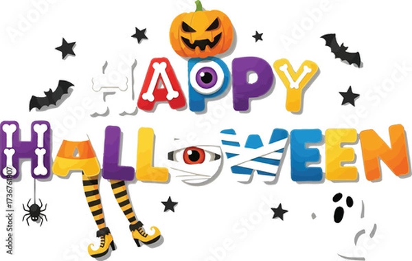 Fototapeta Colorful happy halloween greeting with pumpkin ghost mummy witch legs and spooky elements