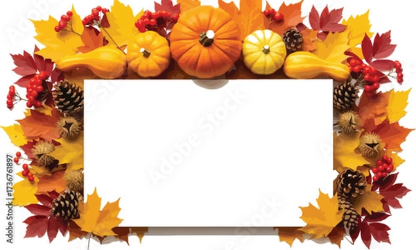 Fototapeta Create your autumn message with pumpkins leaves and pine cones on a blank card
