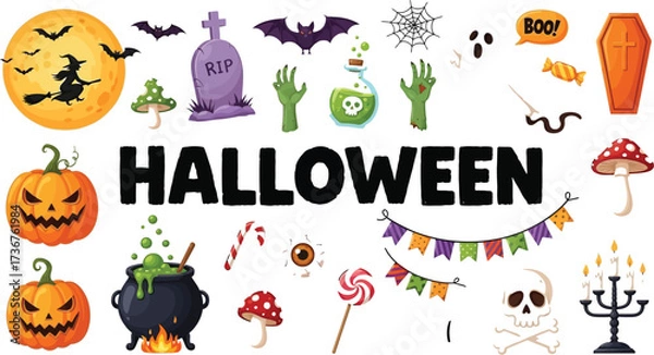 Fototapeta Spooky halloween elements featuring pumpkins witch ghost skull and other scary icons