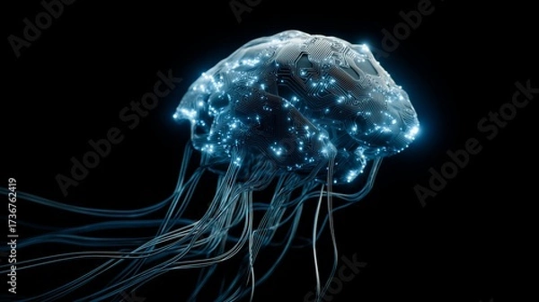 Fototapeta Glowing human brain made with futuristic circuitry floating in space. AI generated.
