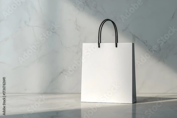 Fototapeta Elegant white shopping bag with black handles poised on a reflective marble surface with soft light casting shadows, perfect for retail branding mockups